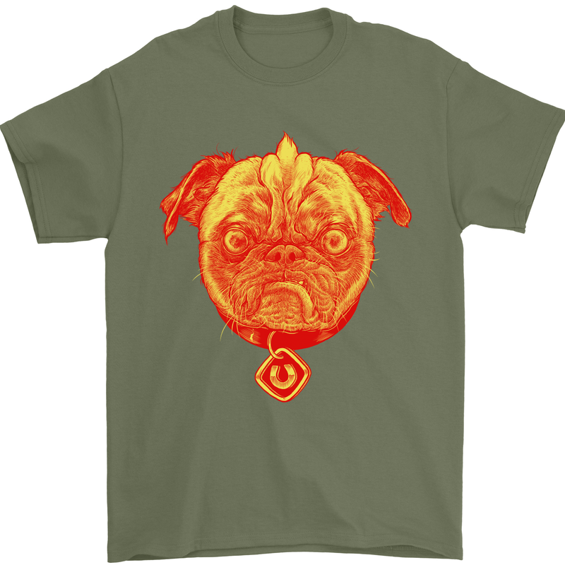 Pug Finger Flip Offensive Funny Dog Mens T-Shirt Cotton Gildan Military Green