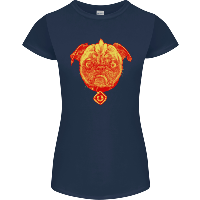 Pug Finger Flip Offensive Funny Dog Womens Petite Cut T-Shirt Navy Blue
