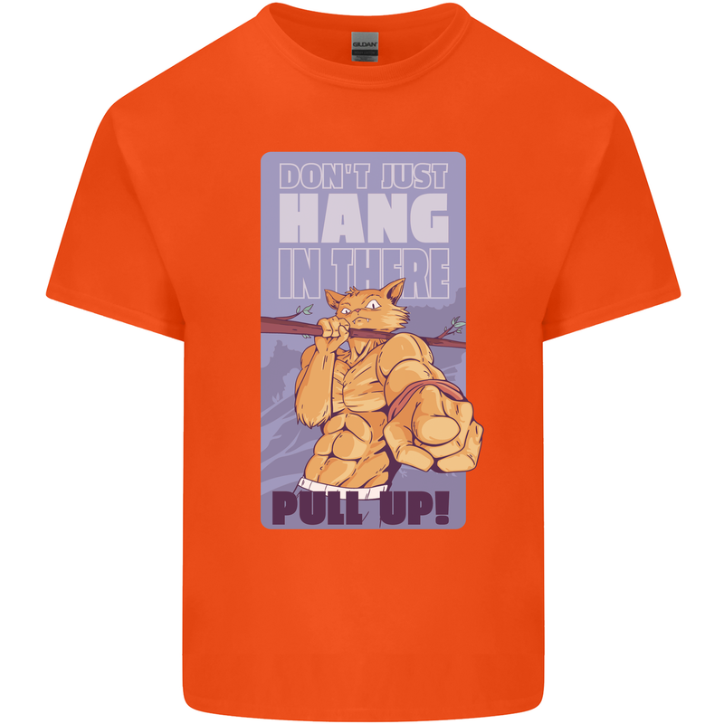 Pull Up Funny Cat Gym Training Mens Cotton T-Shirt Tee Top Orange