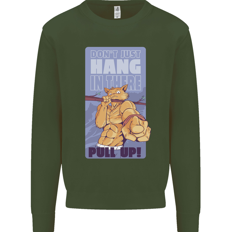 Pull Up Funny Cat Gym Training Mens Sweatshirt Jumper Forest Green