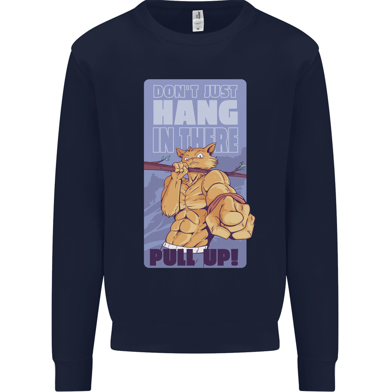 Pull Up Funny Cat Gym Training Mens Sweatshirt Jumper Navy Blue