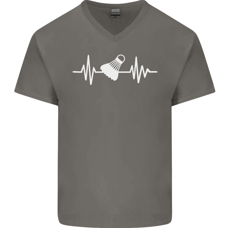 Pulse Badminton Player Funny ECG Mens V-Neck Cotton T-Shirt Charcoal