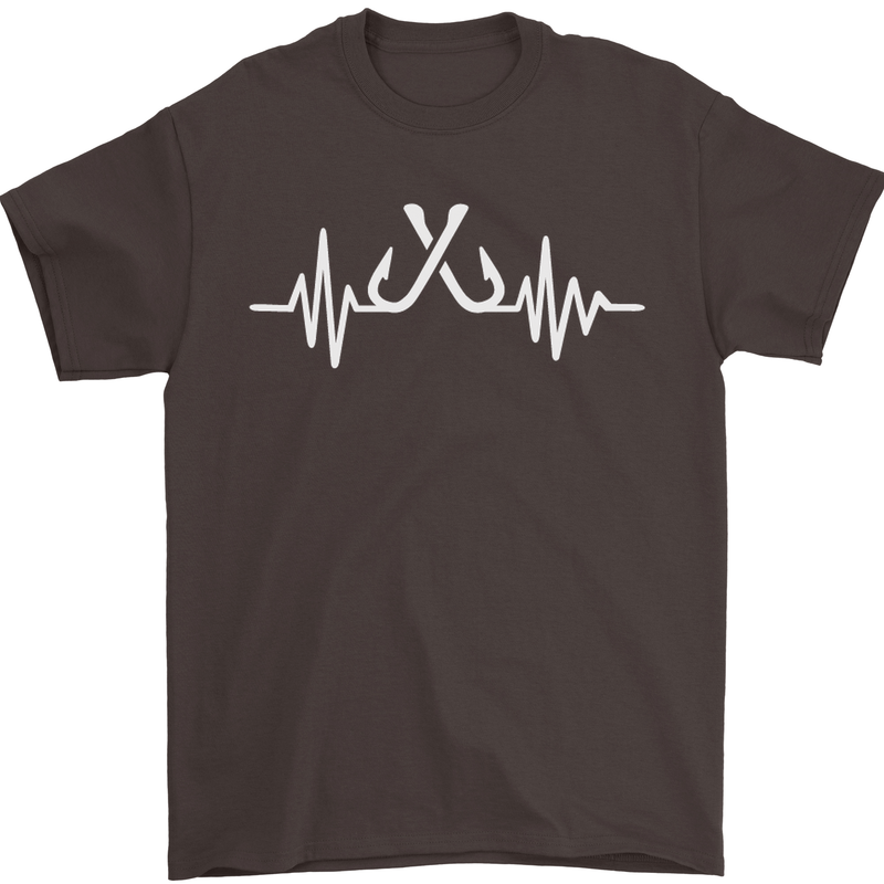 Pulse Fishing Funny Fisherman ECG Mens T-Shirt Cotton Gildan Dark Chocolate