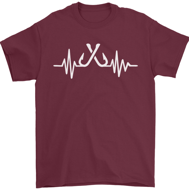 Pulse Fishing Funny Fisherman ECG Mens T-Shirt Cotton Gildan Maroon