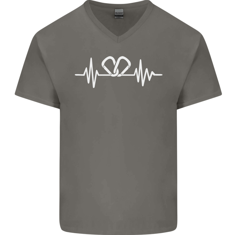 Pulse Rock Climbing Climber Climb ECG Mens V-Neck Cotton T-Shirt Charcoal