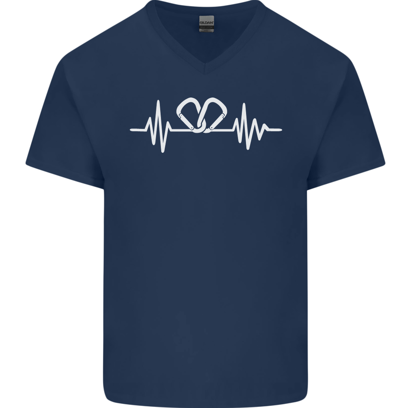 Pulse Rock Climbing Climber Climb ECG Mens V-Neck Cotton T-Shirt Navy Blue