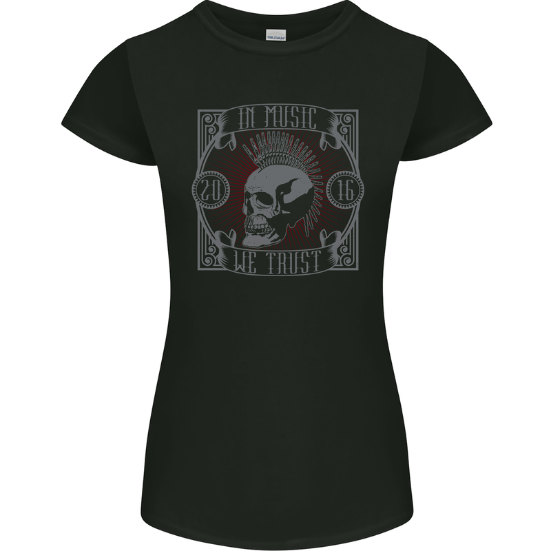 Punk Rock In Music We Trust Skull Womens Petite Cut T-Shirt Black