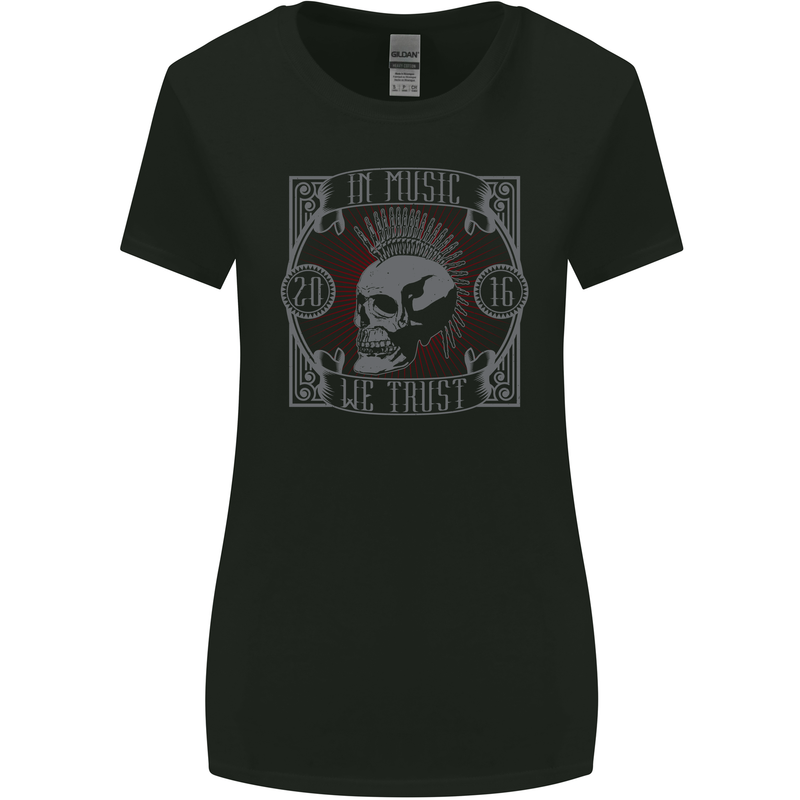 Punk Rock In Music We Trust Skull Womens Wider Cut T-Shirt Black