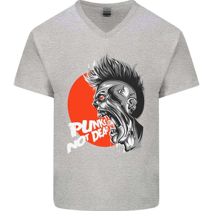 Punk's Not Dead Rock Music Skull Mens V-Neck Cotton T-Shirt Sports Grey