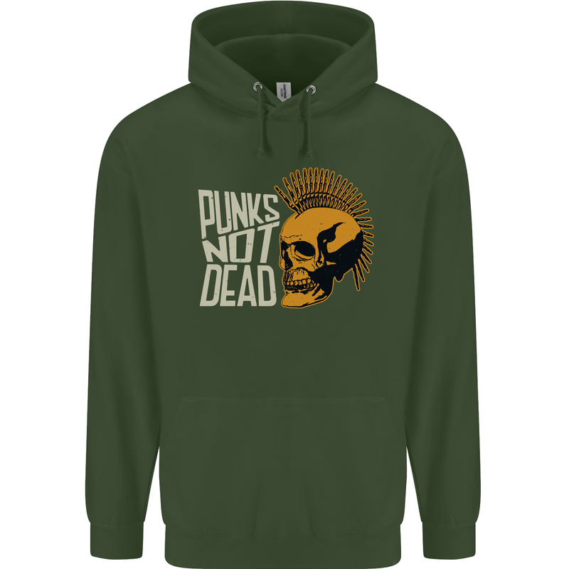 Punks Not Dead Skinhead Skull Childrens Kids Hoodie Forest Green