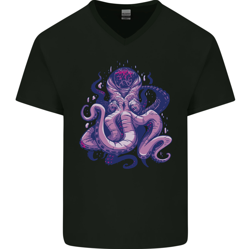 Purple Cthulhu Kraken Octopus Mens V-Neck Cotton T-Shirt Black