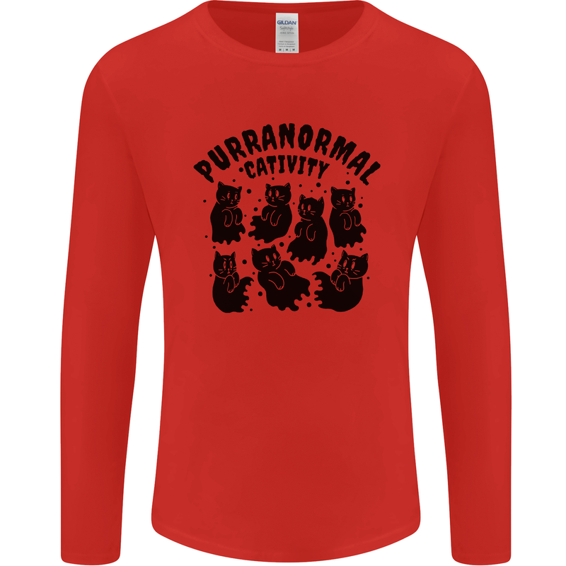 Purranormal Cativity Funny Cat Halloween Mens Long Sleeve T-Shirt Red