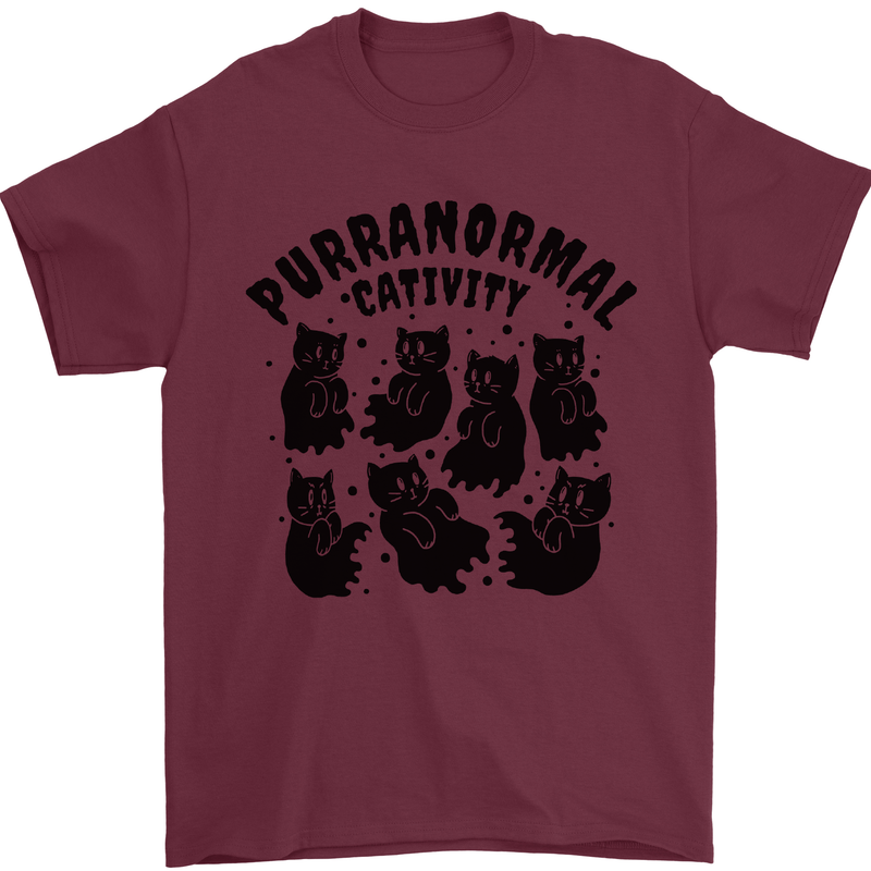 Purranormal Cativity Funny Cat Halloween Mens T-Shirt Cotton Gildan Maroon