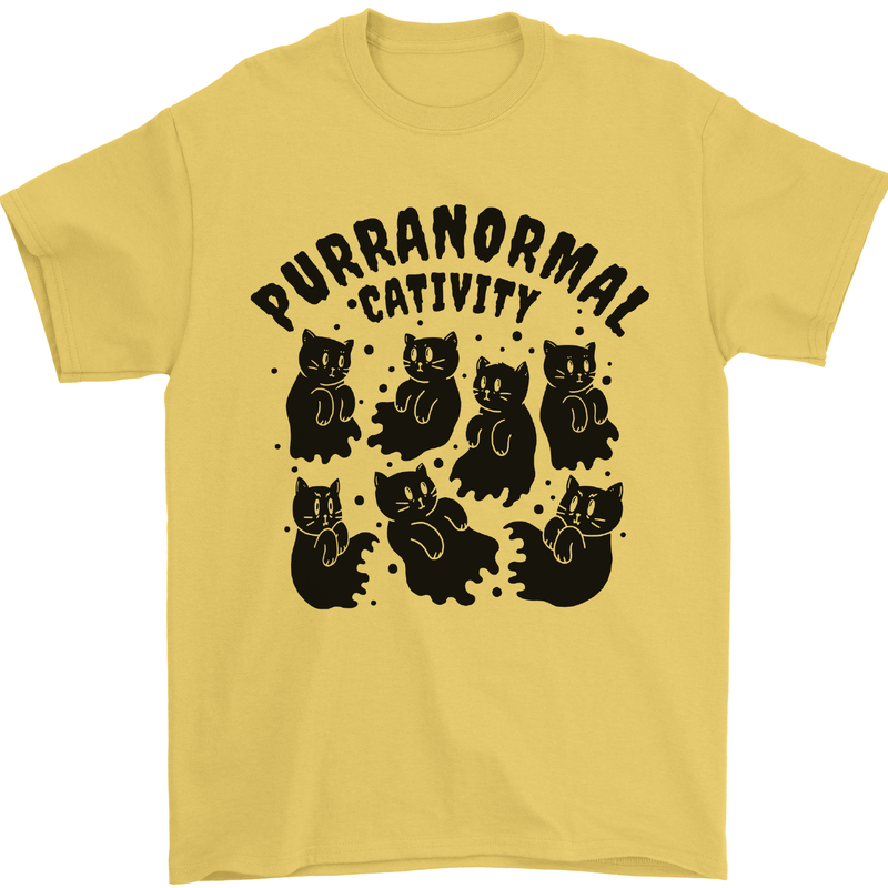 Purranormal Cativity Funny Cat Halloween Mens T-Shirt Cotton Gildan Yellow