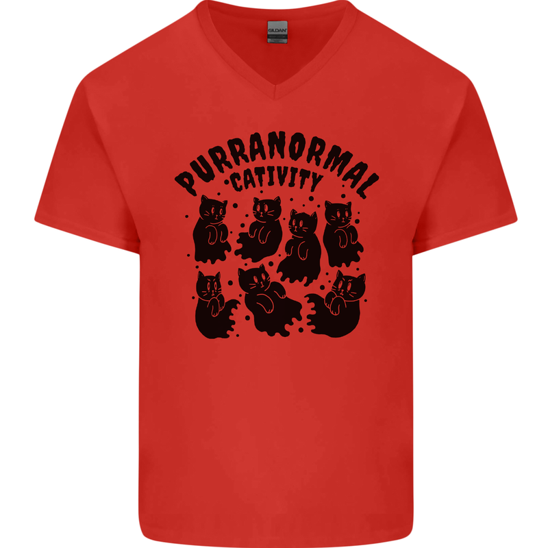 Purranormal Cativity Funny Cat Halloween Mens V-Neck Cotton T-Shirt Red