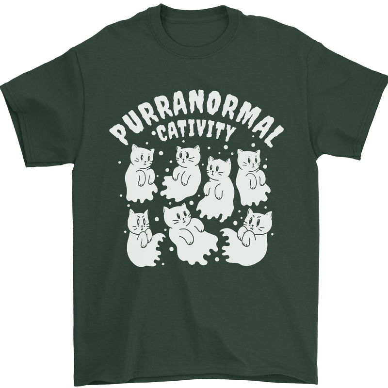 Purranormal Cativity Funny Halloween Cat Mens T-Shirt Cotton Gildan Forest Green