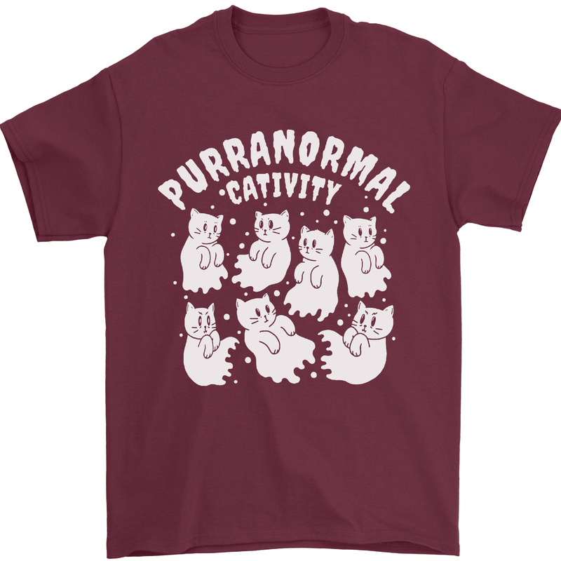 Purranormal Cativity Funny Halloween Cat Mens T-Shirt Cotton Gildan Maroon