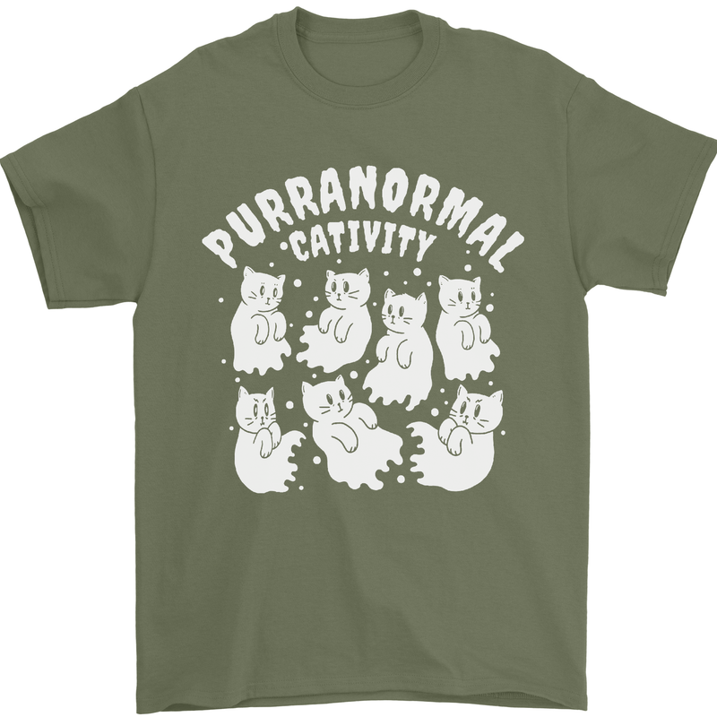 Purranormal Cativity Funny Halloween Cat Mens T-Shirt Cotton Gildan Military Green