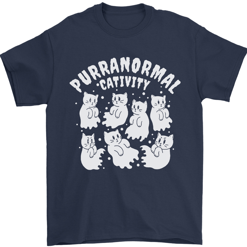 Purranormal Cativity Funny Halloween Cat Mens T-Shirt Cotton Gildan Navy Blue