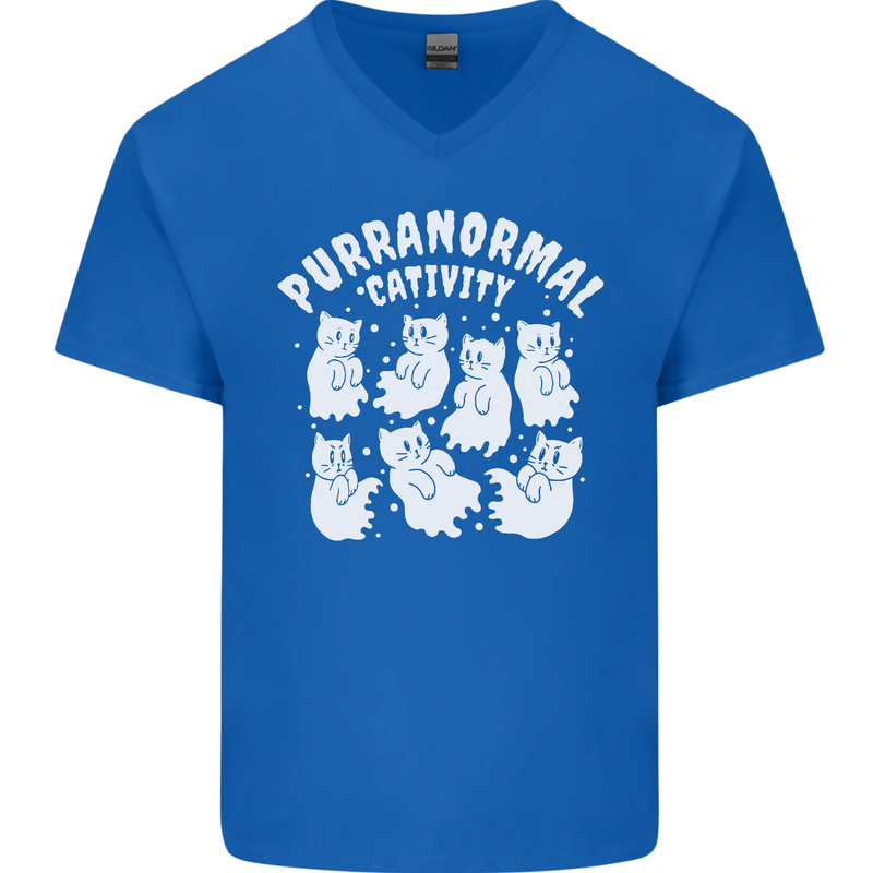 Purranormal Cativity Funny Halloween Cat Mens V-Neck Cotton T-Shirt Royal Blue