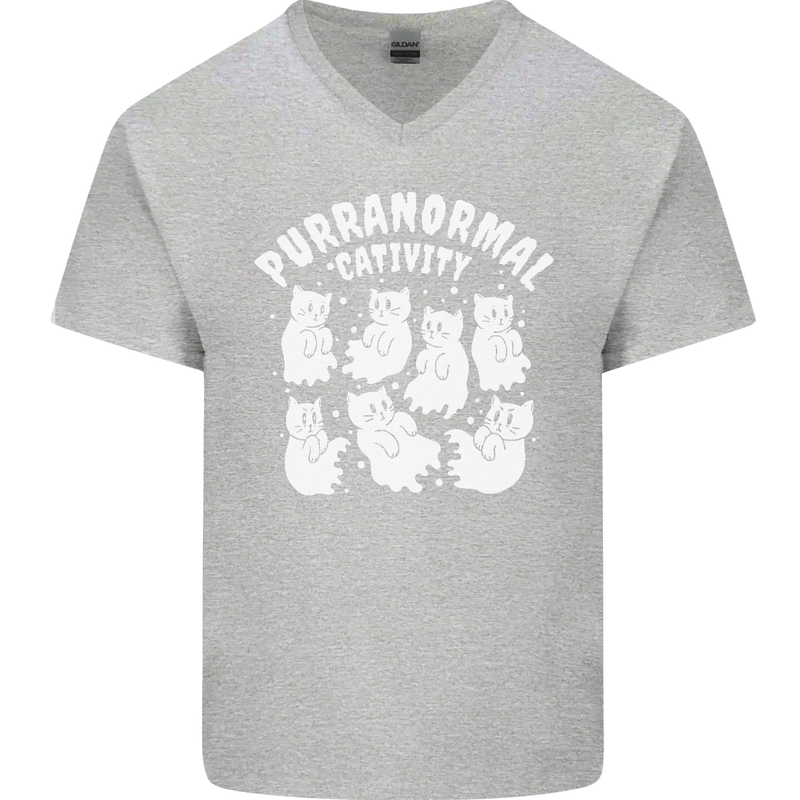 Purranormal Cativity Funny Halloween Cat Mens V-Neck Cotton T-Shirt Sports Grey