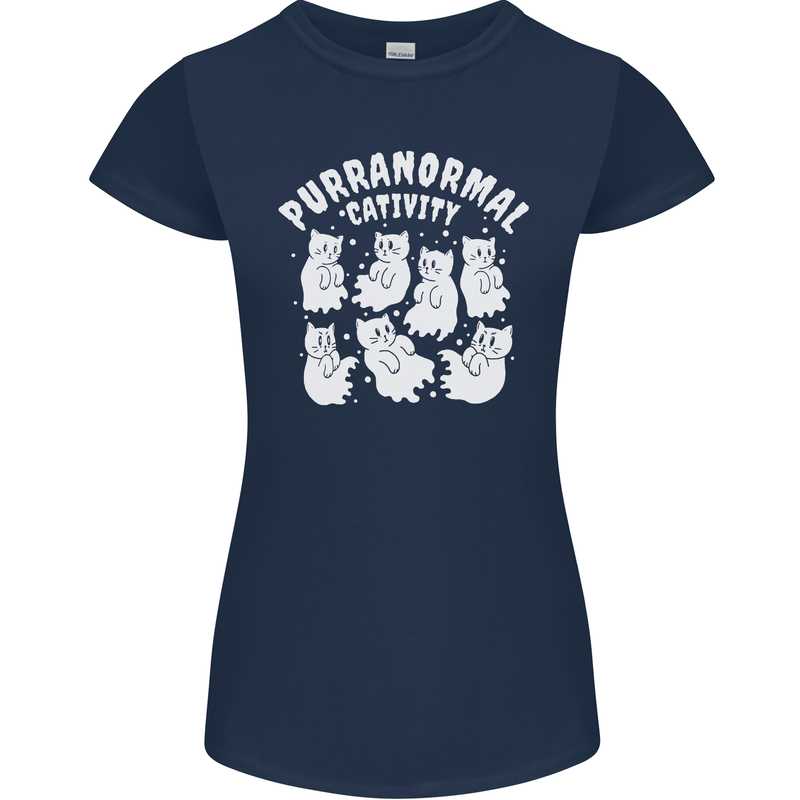 Purranormal Cativity Funny Halloween Cat Womens Petite Cut T-Shirt Navy Blue