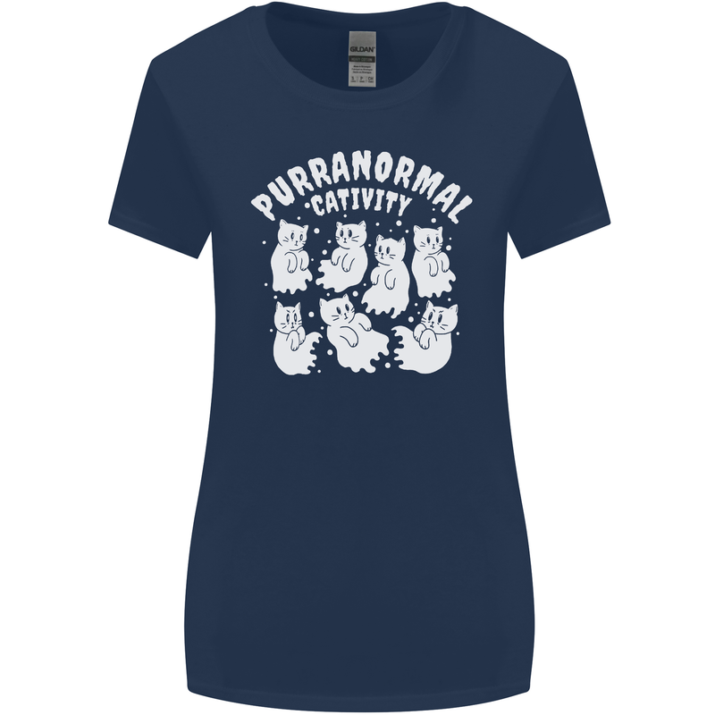 Purranormal Cativity Funny Halloween Cat Womens Wider Cut T-Shirt Navy Blue