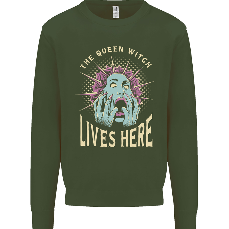 Queen Witch Funny Halloween Wife Girlfriend Kids Sweatshirt Jumper Forest Green