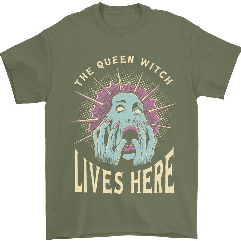 Queen Witch Funny Halloween Wife Girlfriend Mens T-Shirt Cotton Gildan Military Green