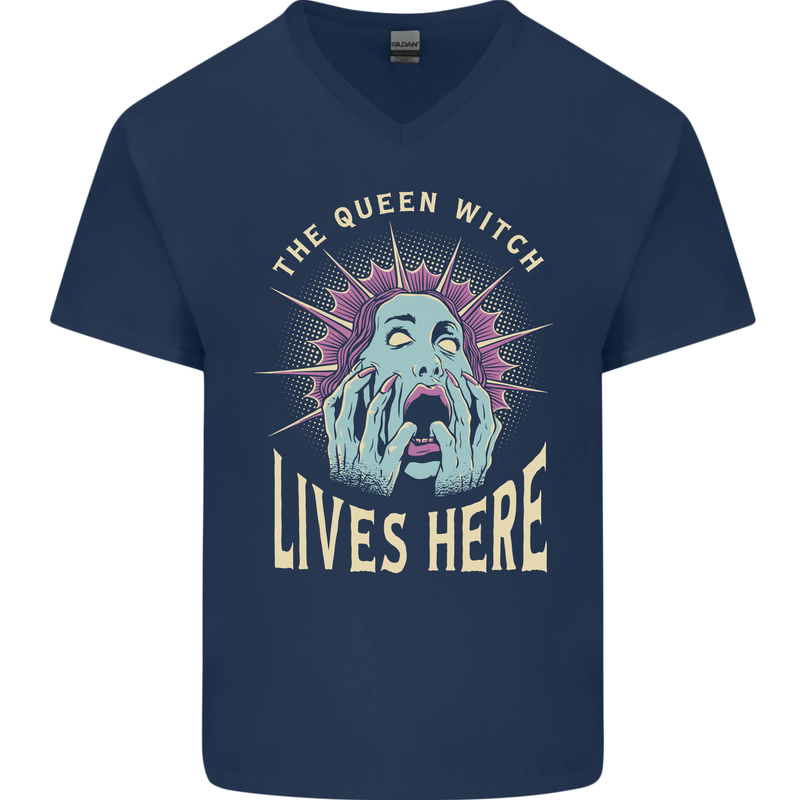 Queen Witch Funny Halloween Wife Girlfriend Mens V-Neck Cotton T-Shirt Navy Blue