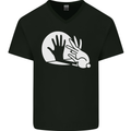 Rabbit Hand Shadow Funny Silhouette Mens V-Neck Cotton T-Shirt Black