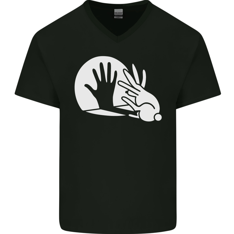 Rabbit Hand Shadow Funny Silhouette Mens V-Neck Cotton T-Shirt Black