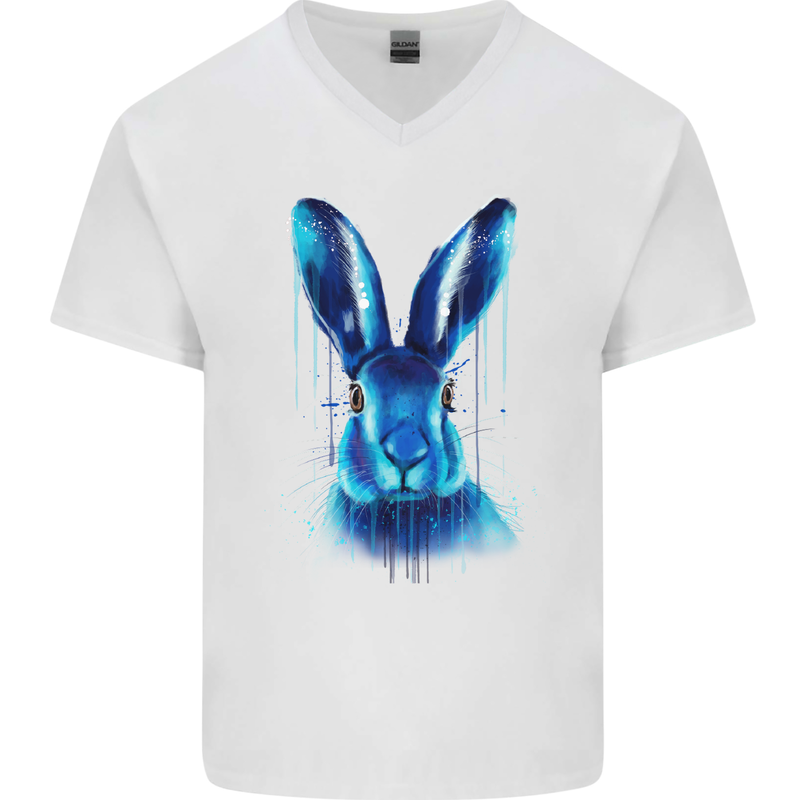 Rabbit Watercolour Mens V-Neck Cotton T-Shirt White