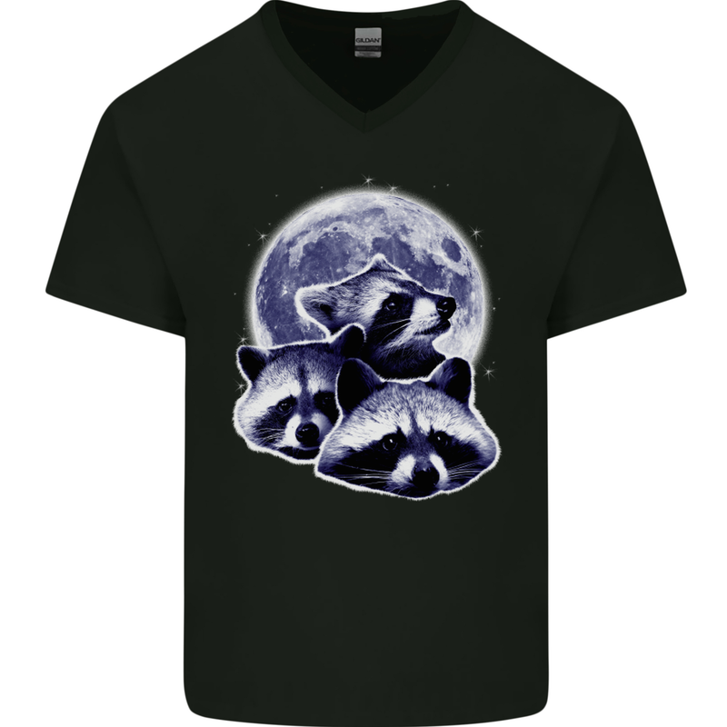 Raccoon Moon Mens V-Neck Cotton T-Shirt Black