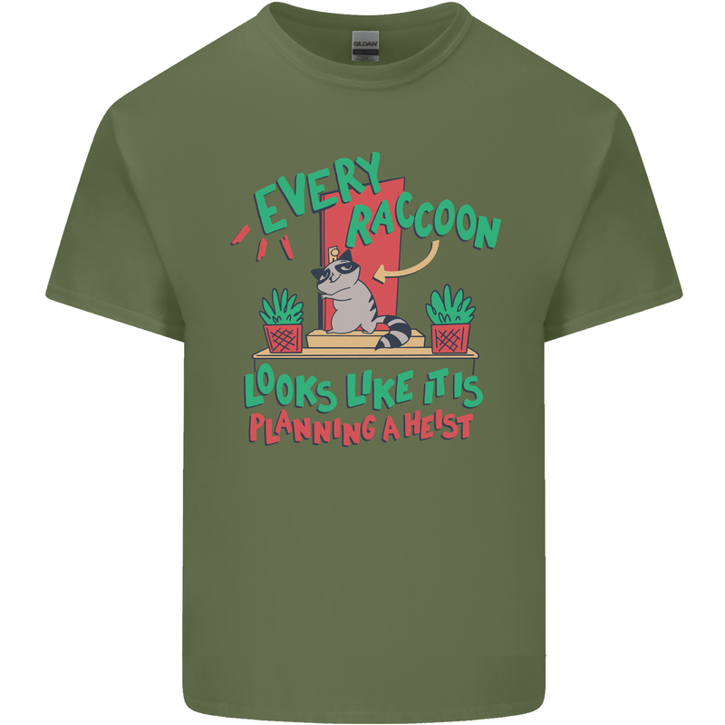 Raccoon Planning a Heist Funny Animal Mens Cotton T-Shirt Tee Top Military Green