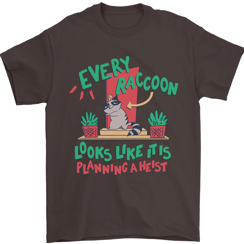 Raccoon Planning a Heist Funny Animal Mens T-Shirt Cotton Gildan Dark Chocolate