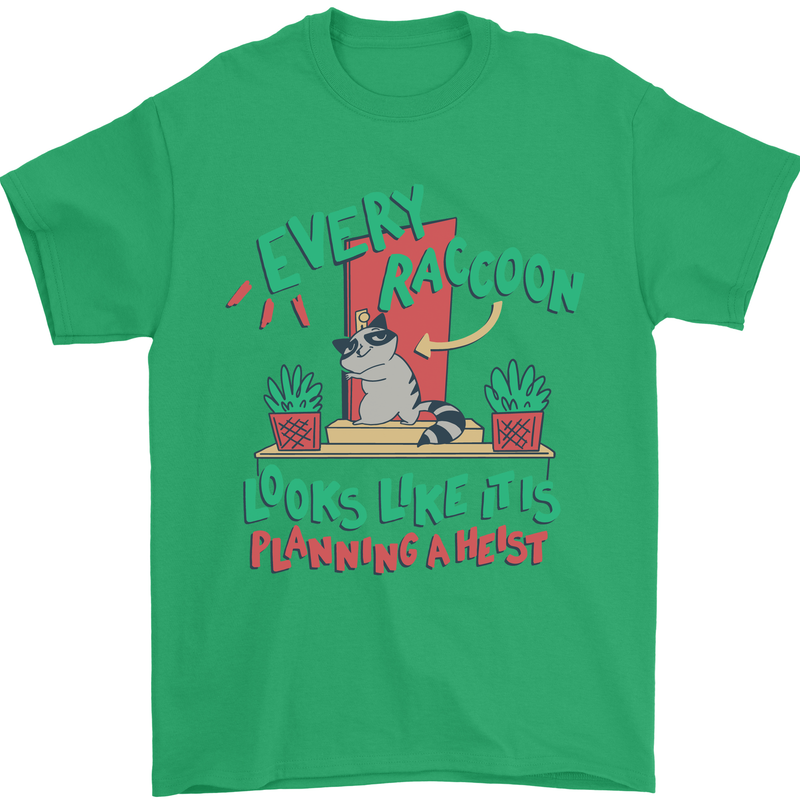 Raccoon Planning a Heist Funny Animal Mens T-Shirt Cotton Gildan Irish Green
