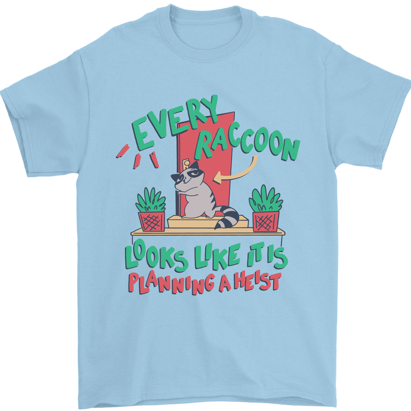 Raccoon Planning a Heist Funny Animal Mens T-Shirt Cotton Gildan Light Blue