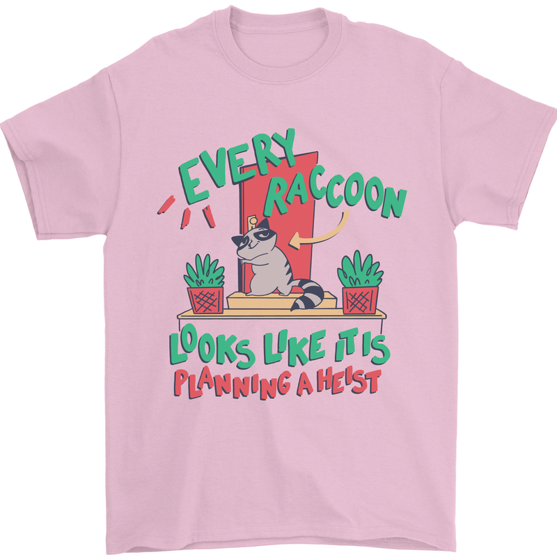 Raccoon Planning a Heist Funny Animal Mens T-Shirt Cotton Gildan Light Pink