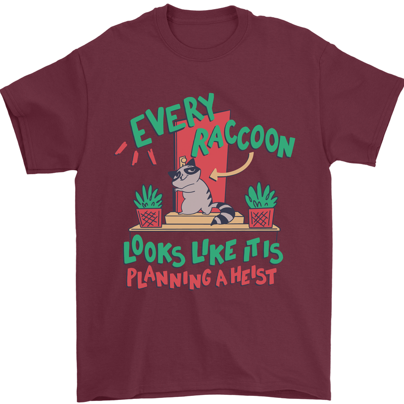 Raccoon Planning a Heist Funny Animal Mens T-Shirt Cotton Gildan Maroon