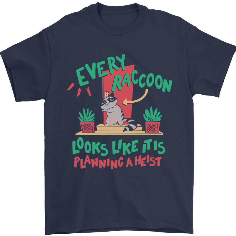 Raccoon Planning a Heist Funny Animal Mens T-Shirt Cotton Gildan Navy Blue