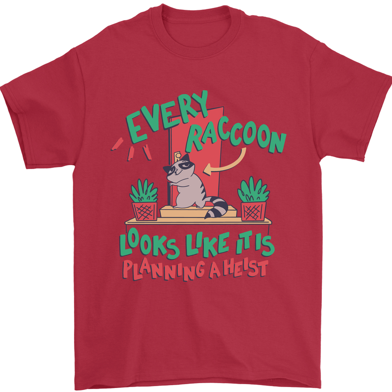 Raccoon Planning a Heist Funny Animal Mens T-Shirt Cotton Gildan Red