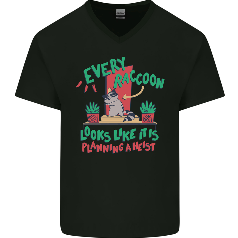 Raccoon Planning a Heist Funny Animal Mens V-Neck Cotton T-Shirt Black