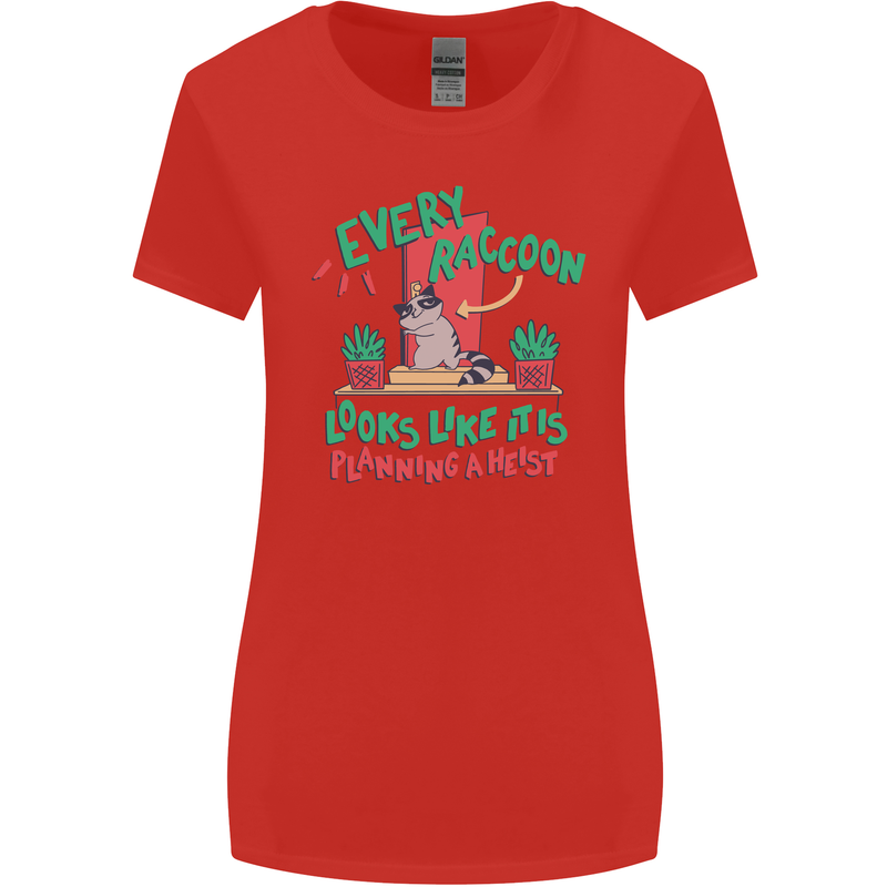 Raccoon Planning a Heist Funny Animal Womens Wider Cut T-Shirt Red