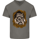 Raccoons in a Tree Mens V-Neck Cotton T-Shirt Charcoal
