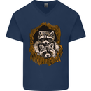Raccoons in a Tree Mens V-Neck Cotton T-Shirt Navy Blue
