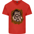 Raccoons in a Tree Mens V-Neck Cotton T-Shirt Red
