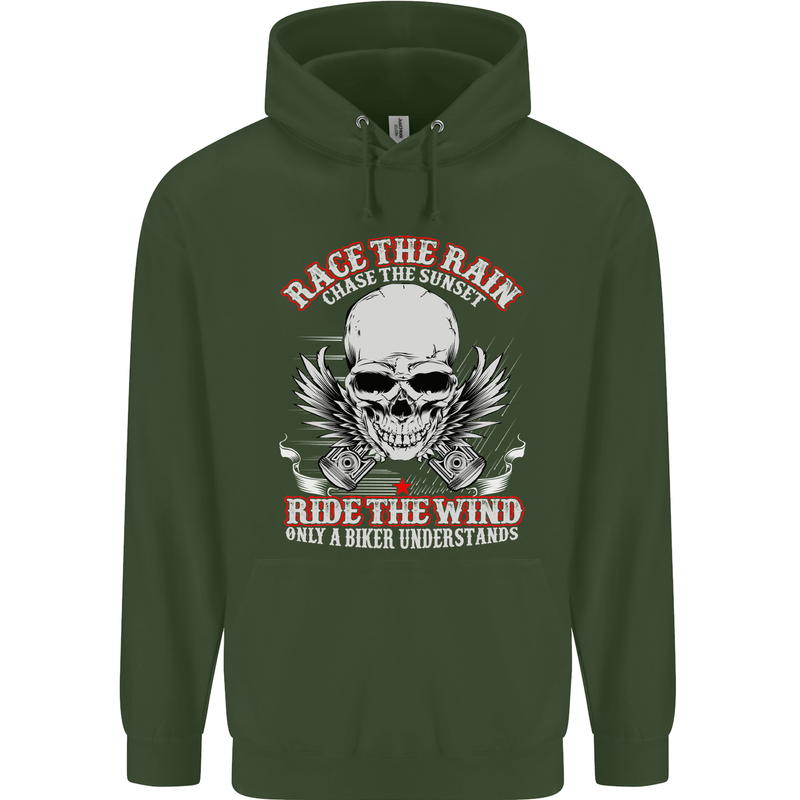 Race the Rain Biker Childrens Kids Hoodie Forest Green