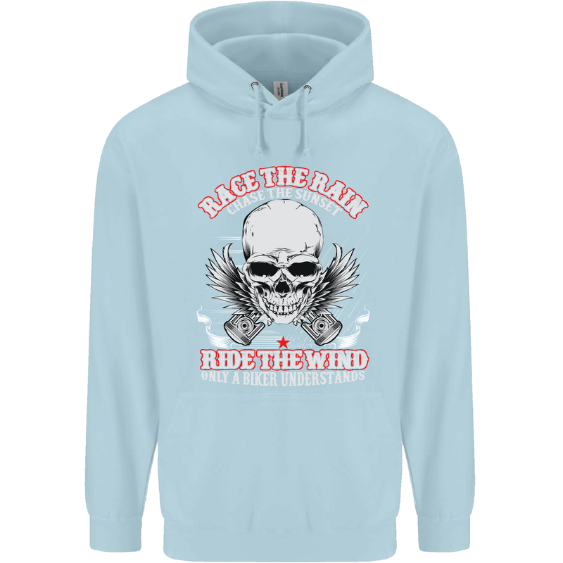 Race the Rain Biker Childrens Kids Hoodie Light Blue