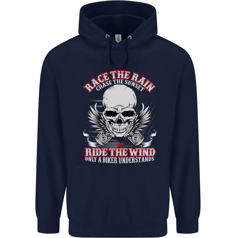Race the Rain Biker Childrens Kids Hoodie Navy Blue